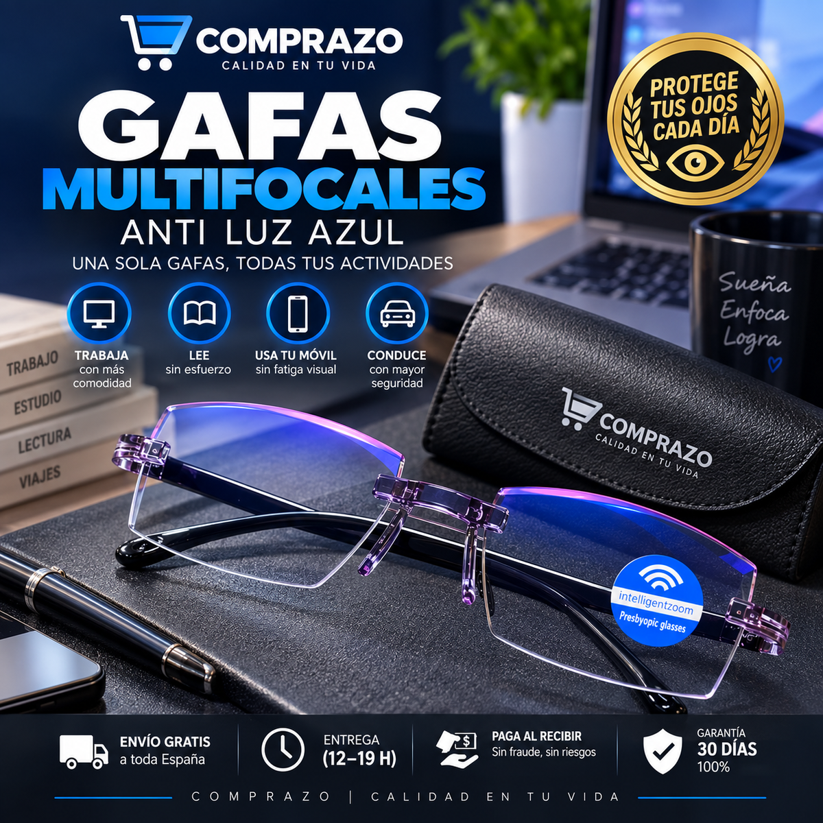 Pack de Gafas Multifocales con Protección de Luz Azul + Funda de Cuero