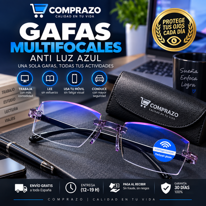 Pack de Gafas Multifocales con Protección de Luz Azul + Funda de Cuero