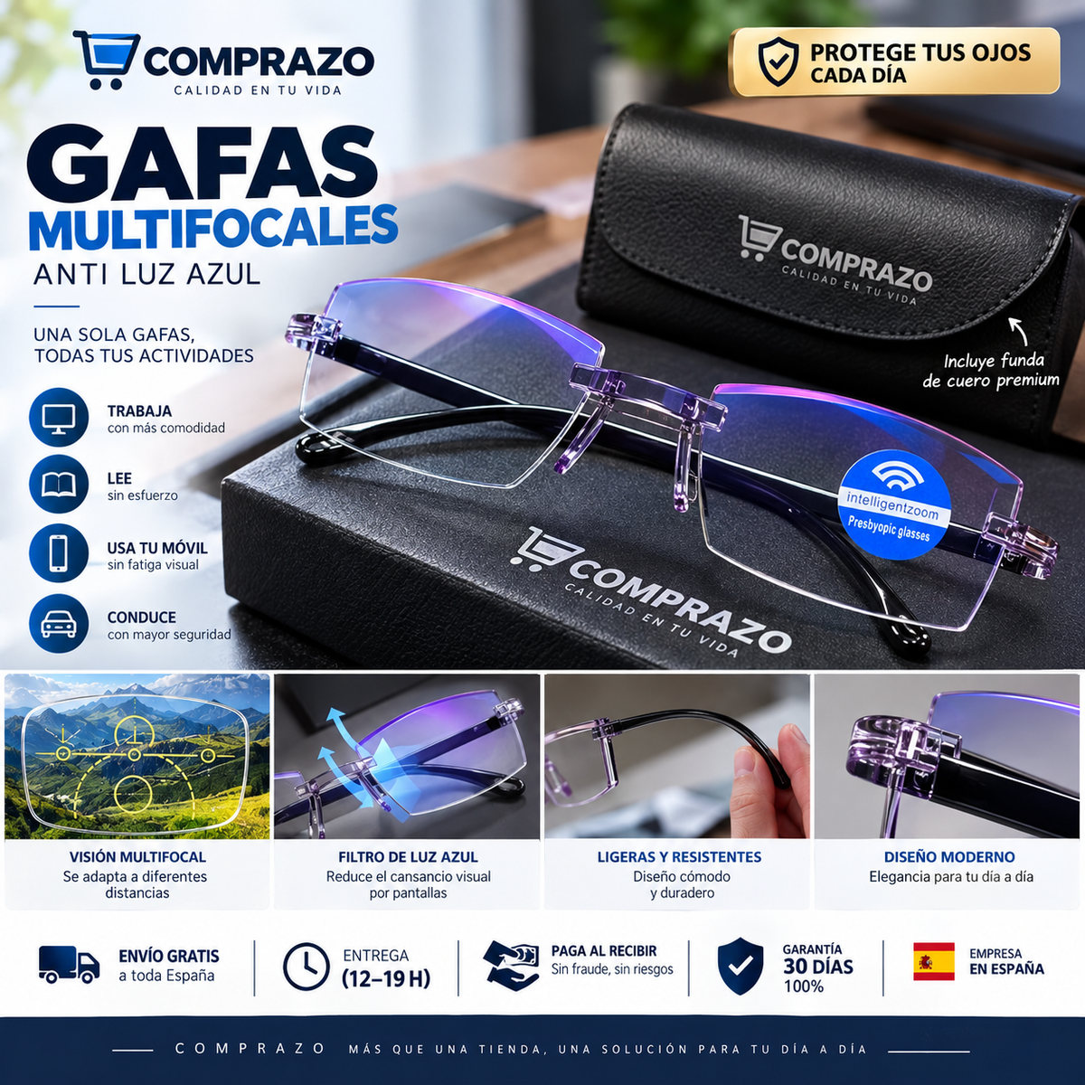 Pack de Gafas Multifocales con Protección de Luz Azul + Funda de Cuero