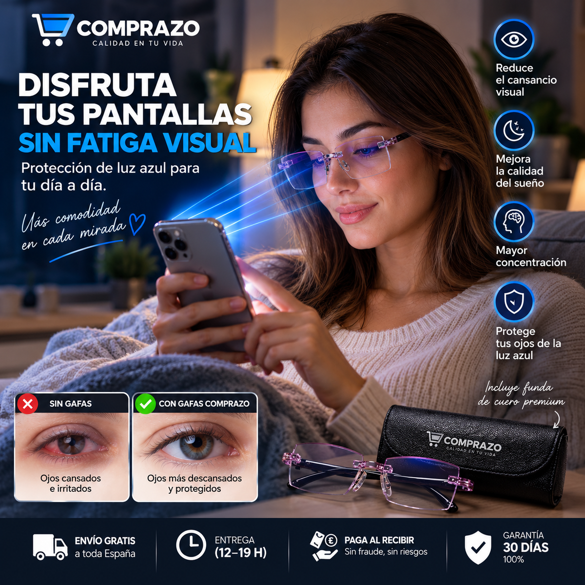 Pack de Gafas Multifocales con Protección de Luz Azul + Funda de Cuero
